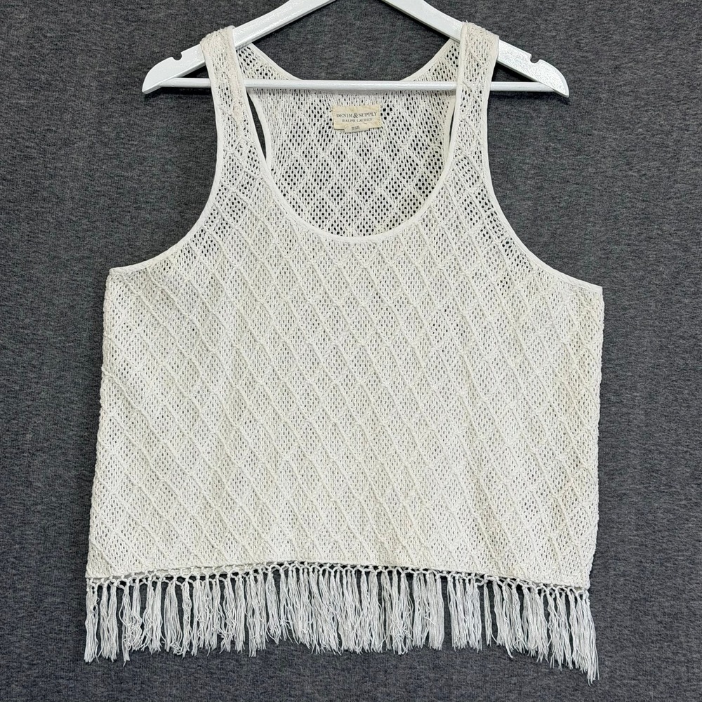 Denim & Supply Ralph Lauren Women Tank Large White Crochet Fringe Boho Knit‎ Top